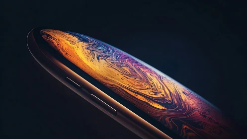 Luminous Device Curved Against Darkness with Vibrant Swirling Pattern