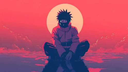 Solitary ninja meditating over neon sunset waterscape.