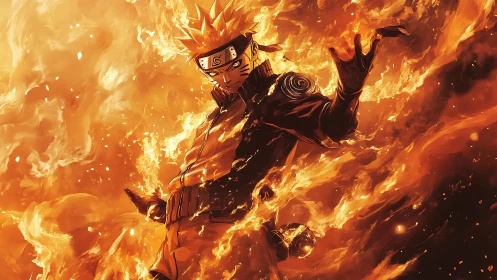 Fiery ninja hero rising through swirling golden flames.