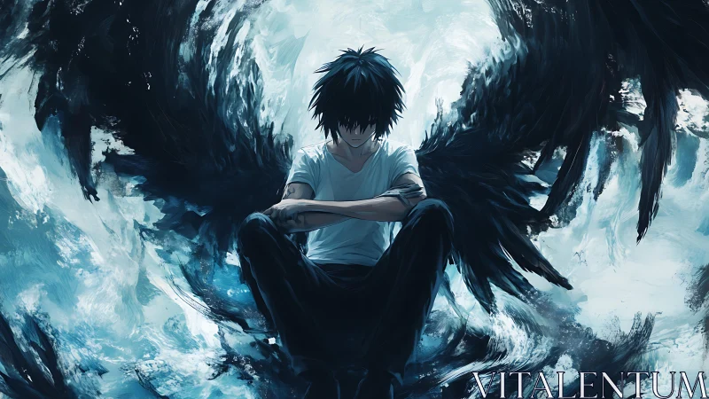 Brooding dark angel boy amid swirling cyan stormscape.