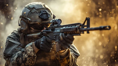 Modern soldier aiming rifle in dynamic combat environment.