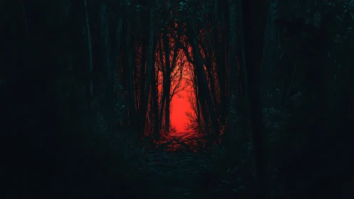 Forest Passage Glowing Red Horizon.