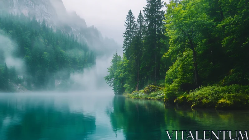 Alpine Lake Emerges Through Mist-Shrouded Evergreen Gorge