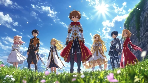 Group of anime characters stands in a grassy field