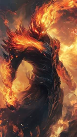Digital painting of infernal fire entity in molten armor design.