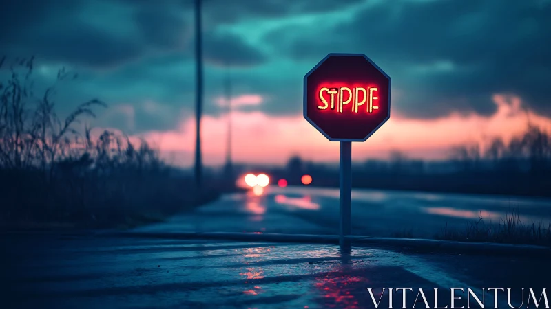 Stop sign with altered text stands beside wet rural roadway