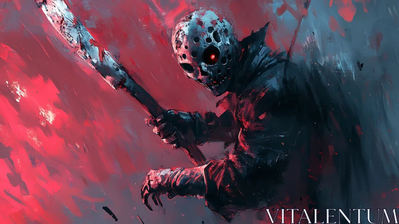 Masked figure holds bloodstained blade amid abstract strokes