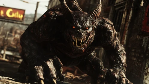 Horned quadrupedal creature advances in ruined urban street