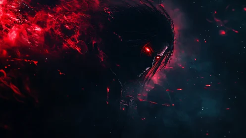 Demonic warrior emerges through burning crimson void.