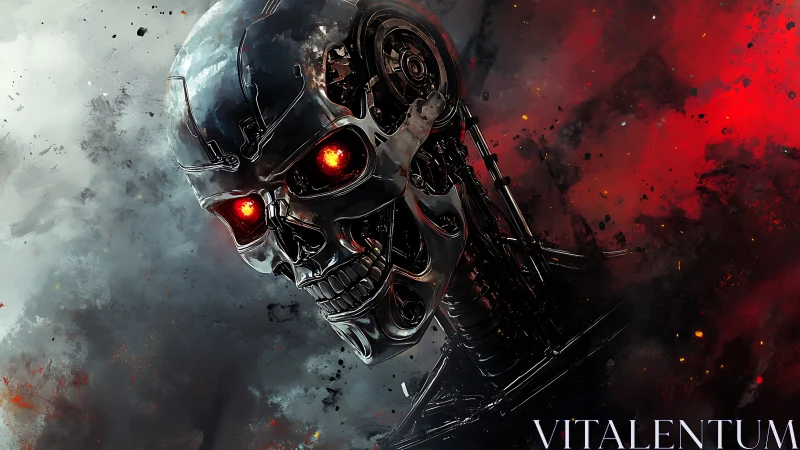 Cybernetic endoskeleton portrait with red optical sensors, smoke