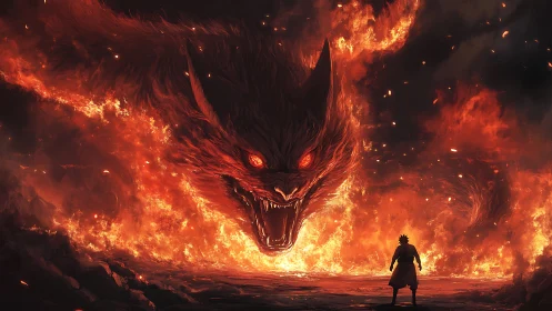 Volcanic fox titan emerging from infernal plasma storm.