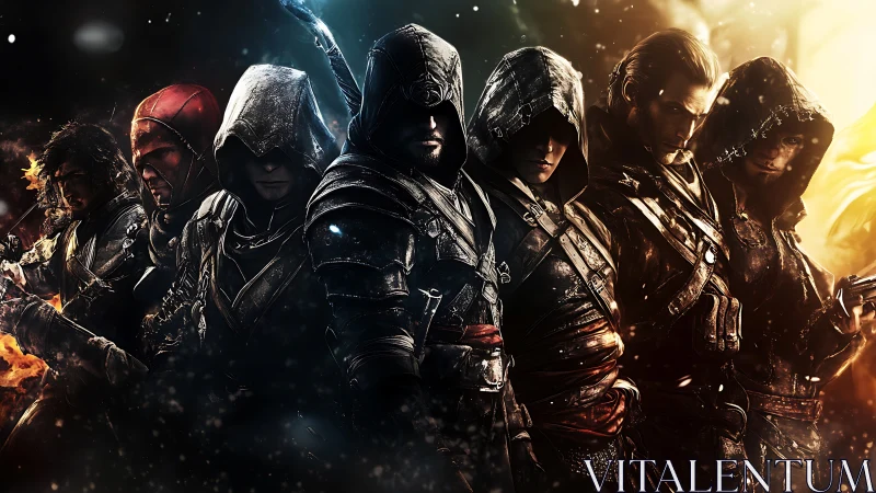 Hooded armored warriors stand in a dramatic fiery lineup