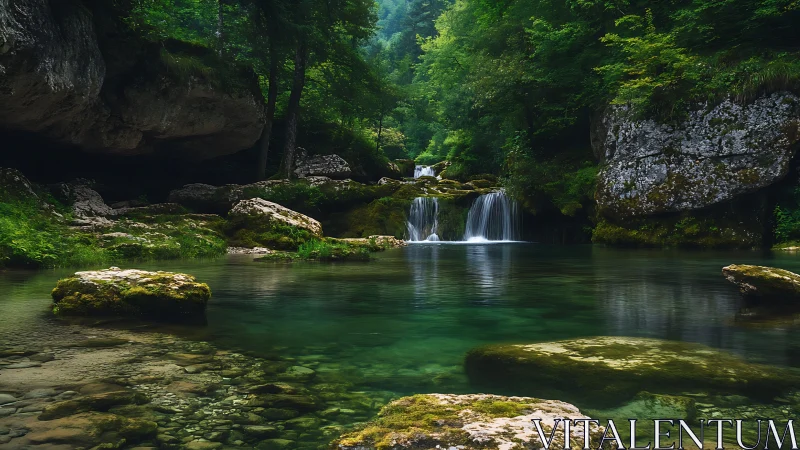 Mossy limestone gorge pool with tiered forest waterfall view