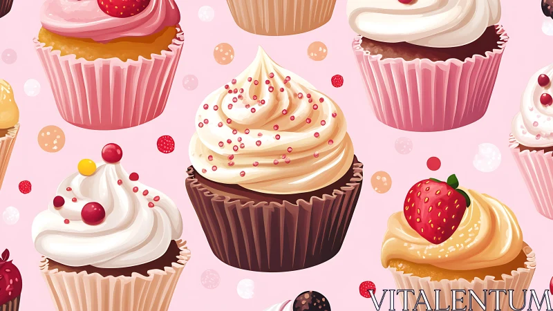 Cupcake arrangement with varying frosting types and decorative elements.