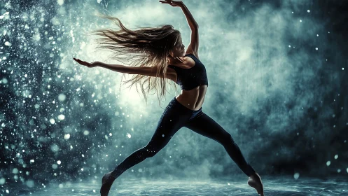 Dynamic dancer leaps through glowing mist in electric motion