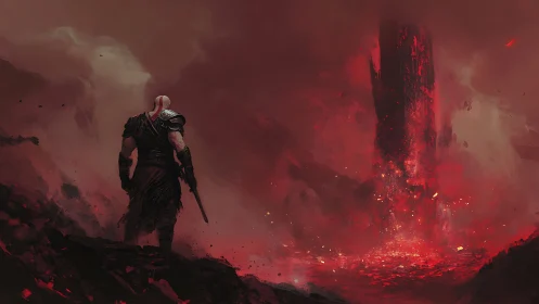 Warrior confronts erupting crimson monolith in volcanic wasteland.