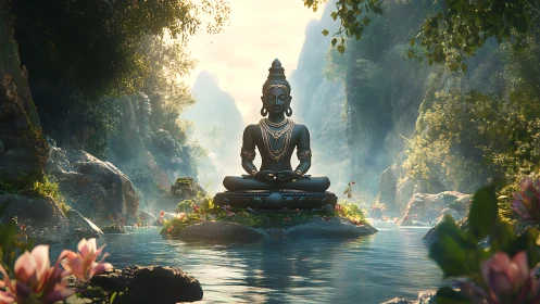 Buddha statue sits centered in lush misty river valley