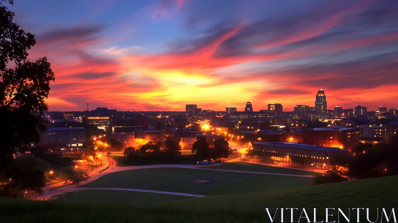 Sunset-lit city skyline over park from hillside vantage point.