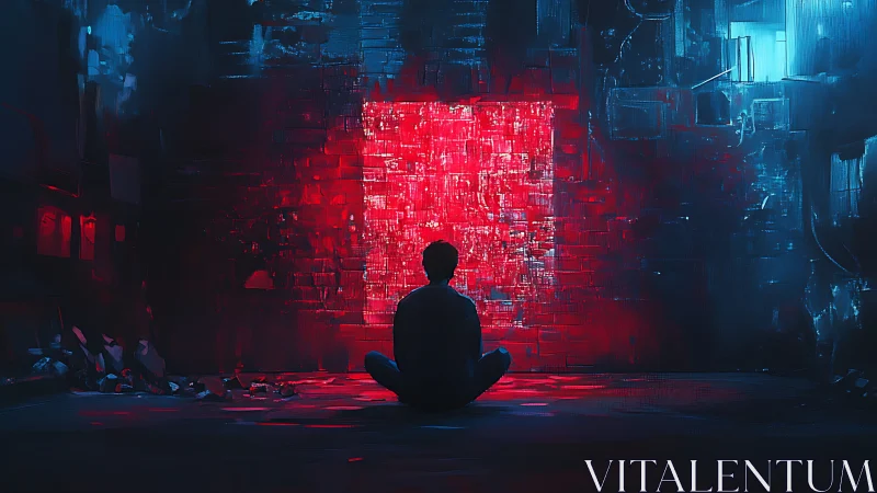 Solitary hacker gazes into a neon red digital doorway.