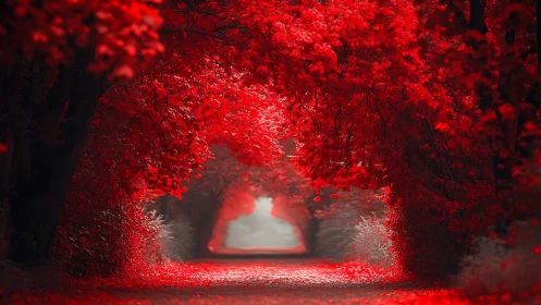 Red Forest Tunnel Perspective: Atmospheric Light Architecture.