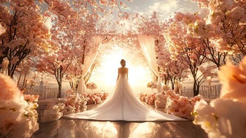 Radiant bride embraced by cherry blossoms at golden sunset.