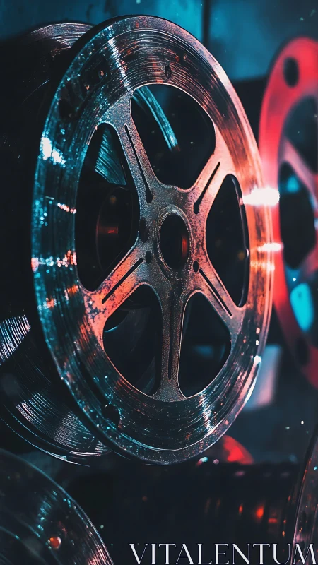 35mm metal film reel with teal and orange cinematic lighting