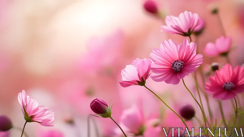 Pink cosmos flowers in soft focus garden setting.