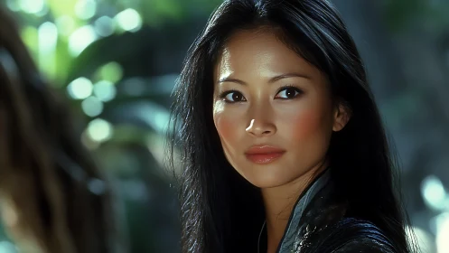 Woman with calm expression in soft outdoor light portrait.