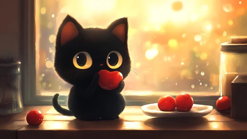 Black cat with golden eyes holding red spheres near window