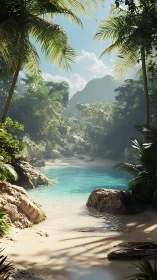 Tropical Lagoon Sanctuary with Palms and Mountain Vista.