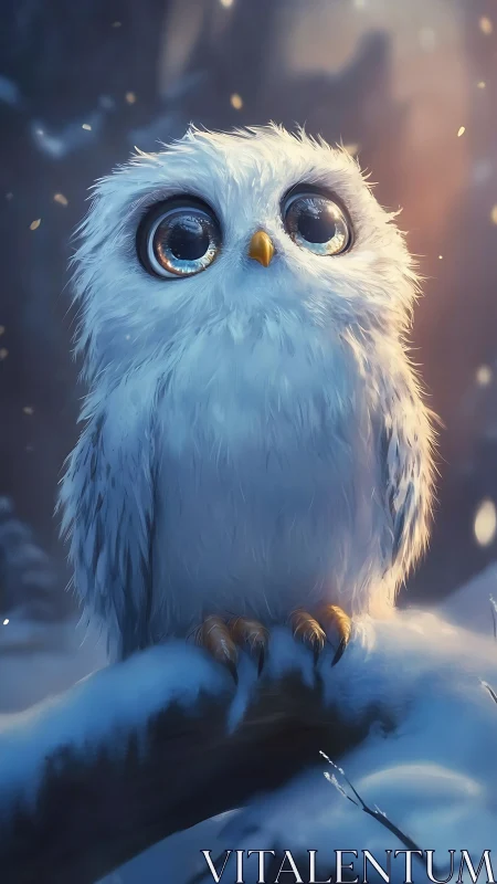 Snowy baby owl gazes upward in softly glowing twilight.