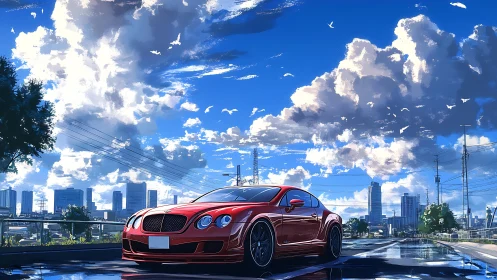 Red sports coupe glides under towering city summer clouds