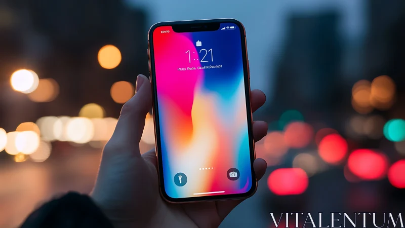 iPhone X Display Held Against Bokeh Urban Backdrop at Night.