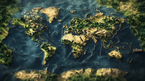 Topographic world map rendered as miniature 3D landscape.