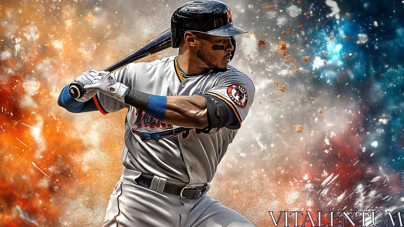 Dynamic baseball hitter in explosive color burst background.