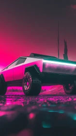 Cyberpunk off-road truck under neon horizon lighting.