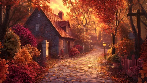 Autumn stone cottage under directional warm backlit foliage glow