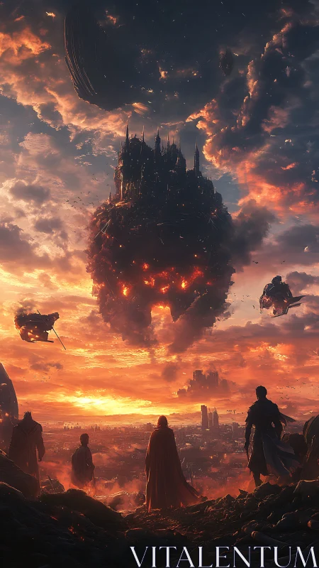 Sky fortress looms above heroes at a burning sunset horizon