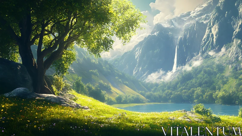 Tree, mountain lake and waterfall in sunlit valley scene.