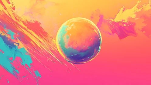 Neon planet orb floats through molten gradient sky