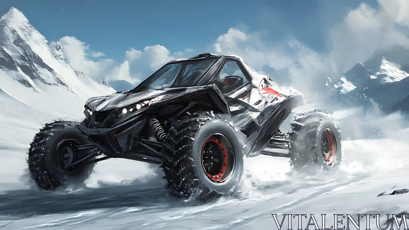 Dynamic off-road buggy concept in alpine snowfield rendering.