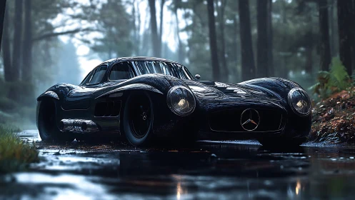 Sleek black Mercedes sports car stands on wet forest road