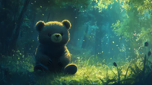 Digital illustration of plush bear in sunlit forest clearing.