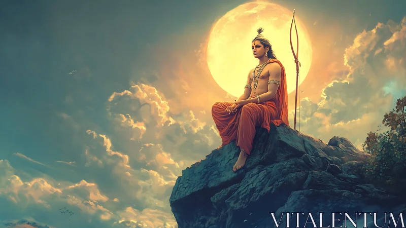 Divine archer figure on rocky peak before glowing full moon.