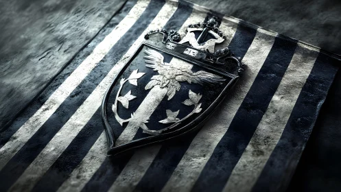 Medieval heraldic shield on striped banner, dramatic lighting.