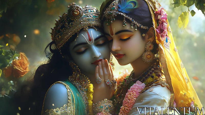 Tender divine embrace in a luminous enchanted garden.