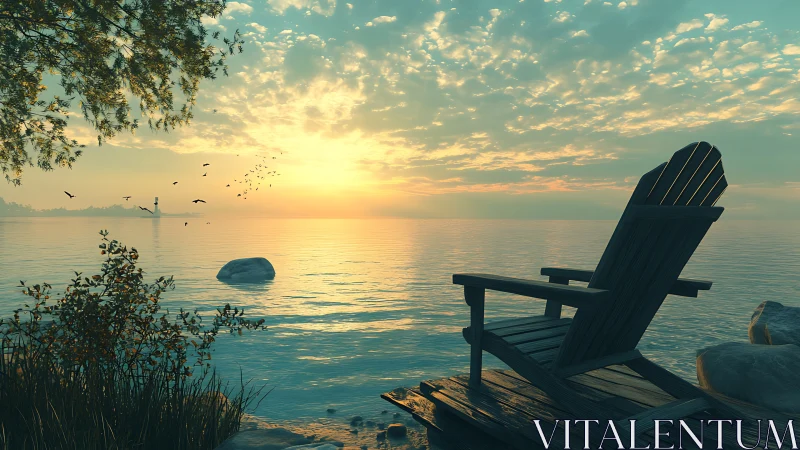 Adirondack chair overlooks tranquil photoreal sunset shoreline