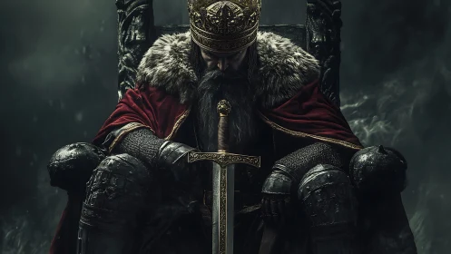 Medieval king in armor seated on throne with sword.