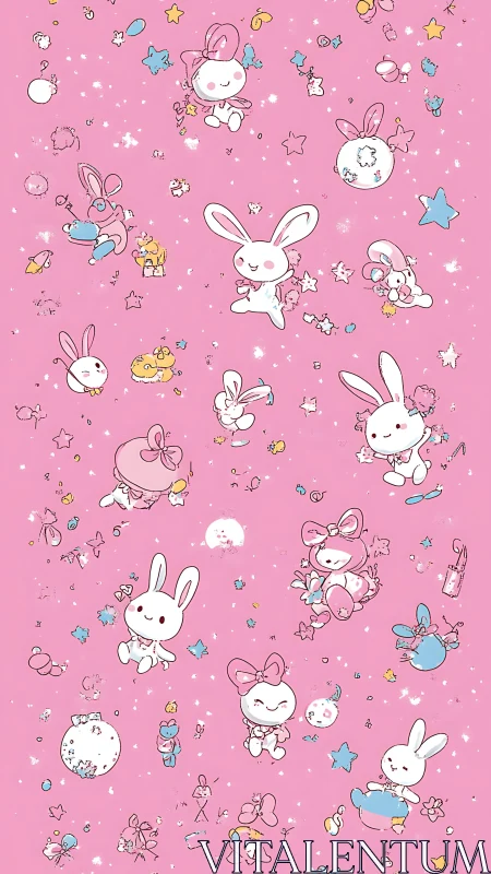 Kawaii bunny constellation scatter on saturated pink field.