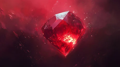 Luminous crimson crystal heart in swirling scarlet void.